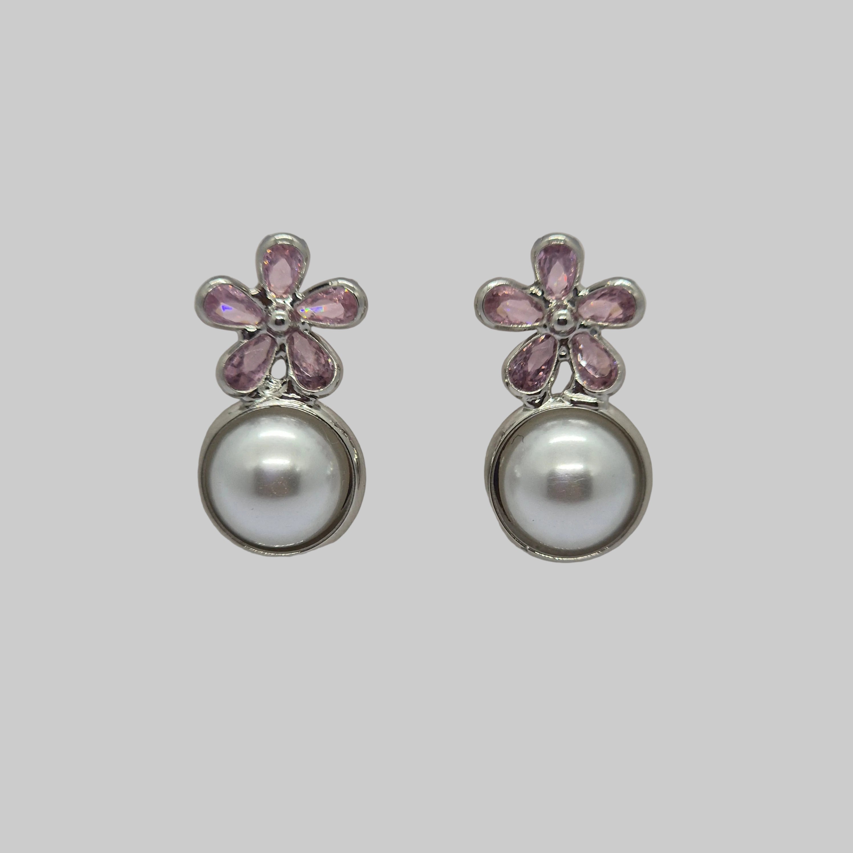 Elegant Pink Crystal Flower Pearl Drop Earrings for Women