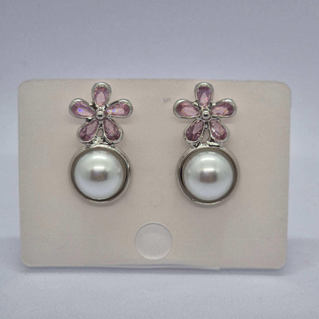 Elegant Pink Crystal Flower Pearl Drop Earrings for Women
