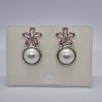 Elegant Pink Crystal Flower Pearl Drop Earrings for Women