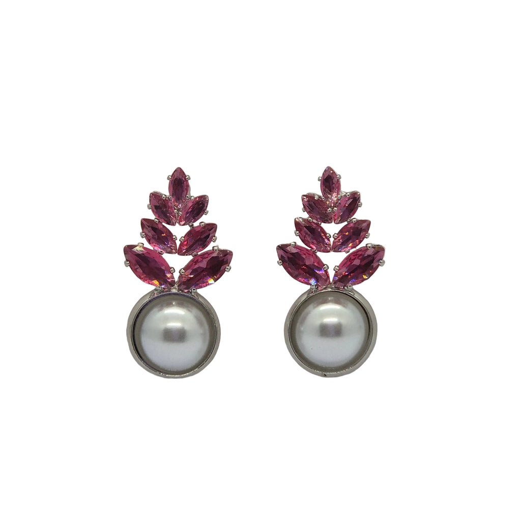 Elegant Pink Crystal Leaf Pearl Drop Earrings for Women