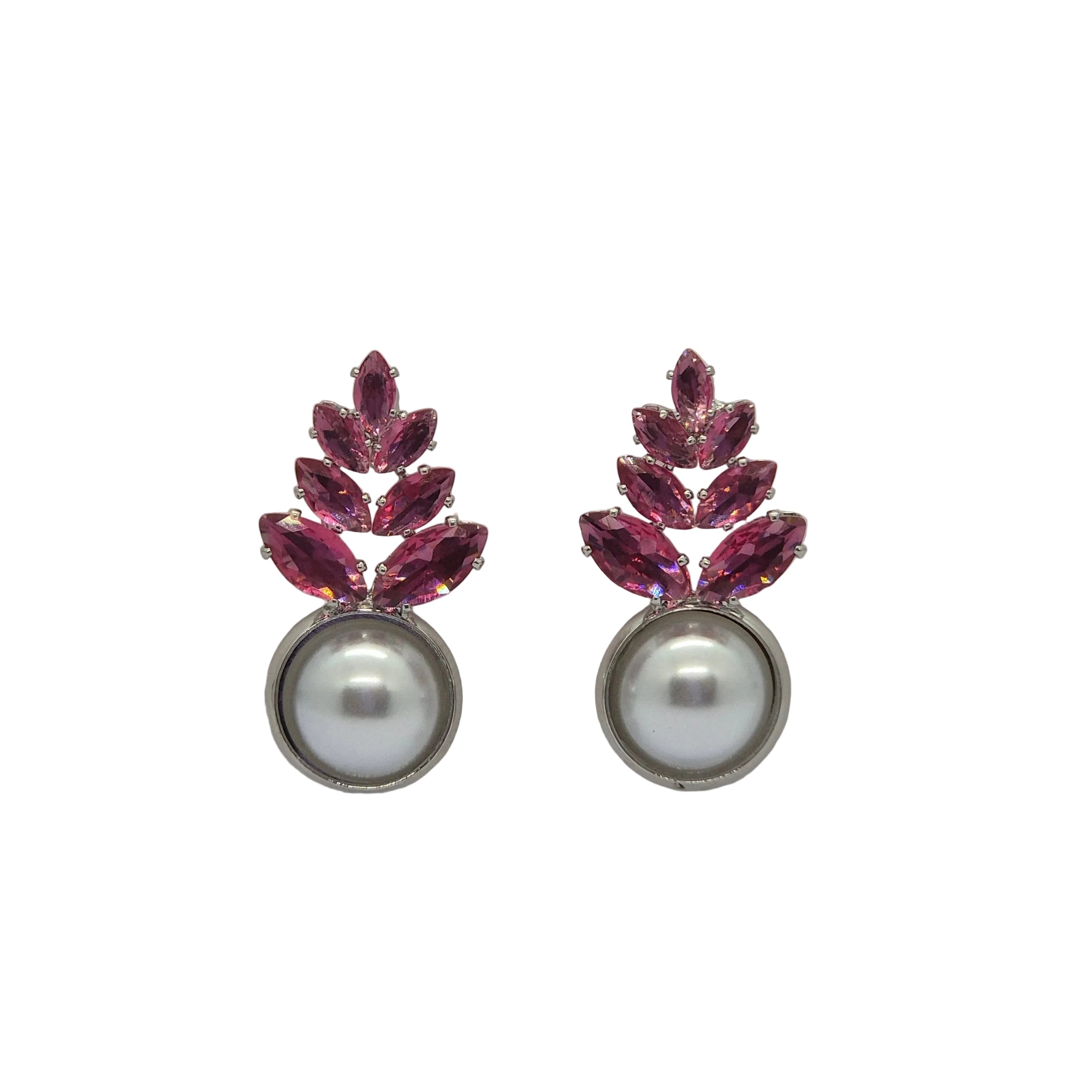 Elegant Pink Crystal Leaf Pearl Drop Earrings for Women