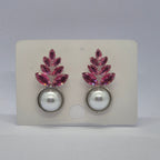 Elegant Pink Crystal Leaf Pearl Drop Earrings for Women