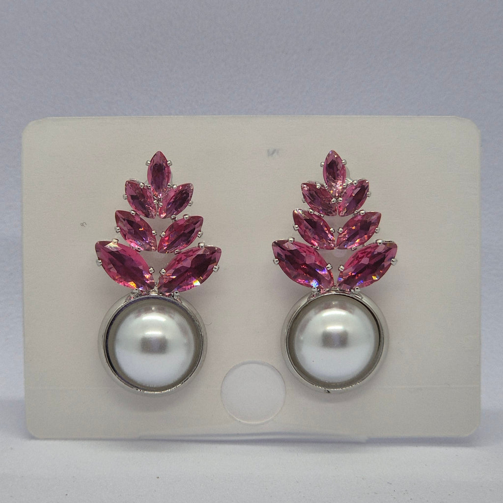 Elegant Pink Crystal Leaf Pearl Drop Earrings for Women