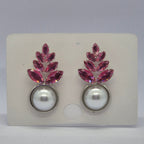 Elegant Pink Crystal Leaf Pearl Drop Earrings for Women
