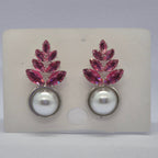 Elegant Pink Crystal Leaf Pearl Drop Earrings for Women