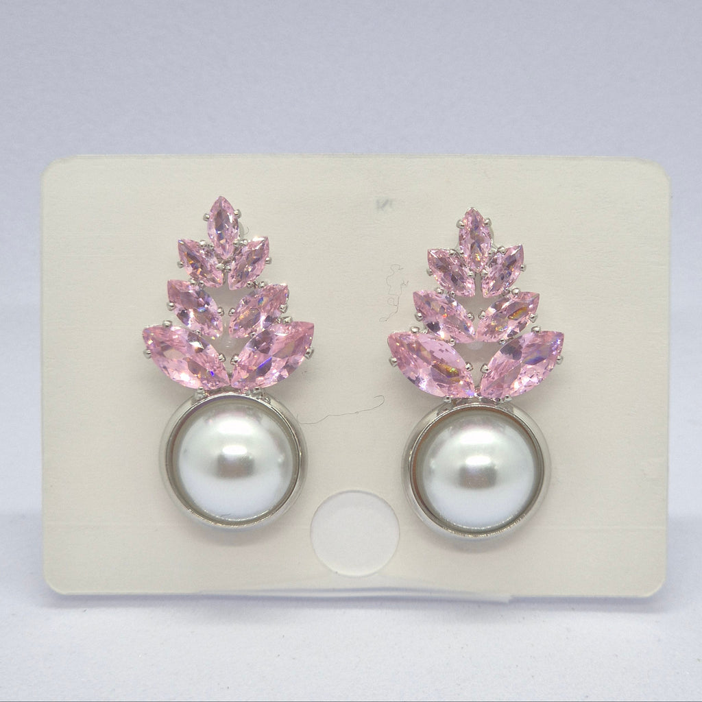 Elegant Pink Crystal Leaf Pearl Drop Earrings for Women