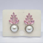 Elegant Pink Crystal Leaf Pearl Drop Earrings for Women