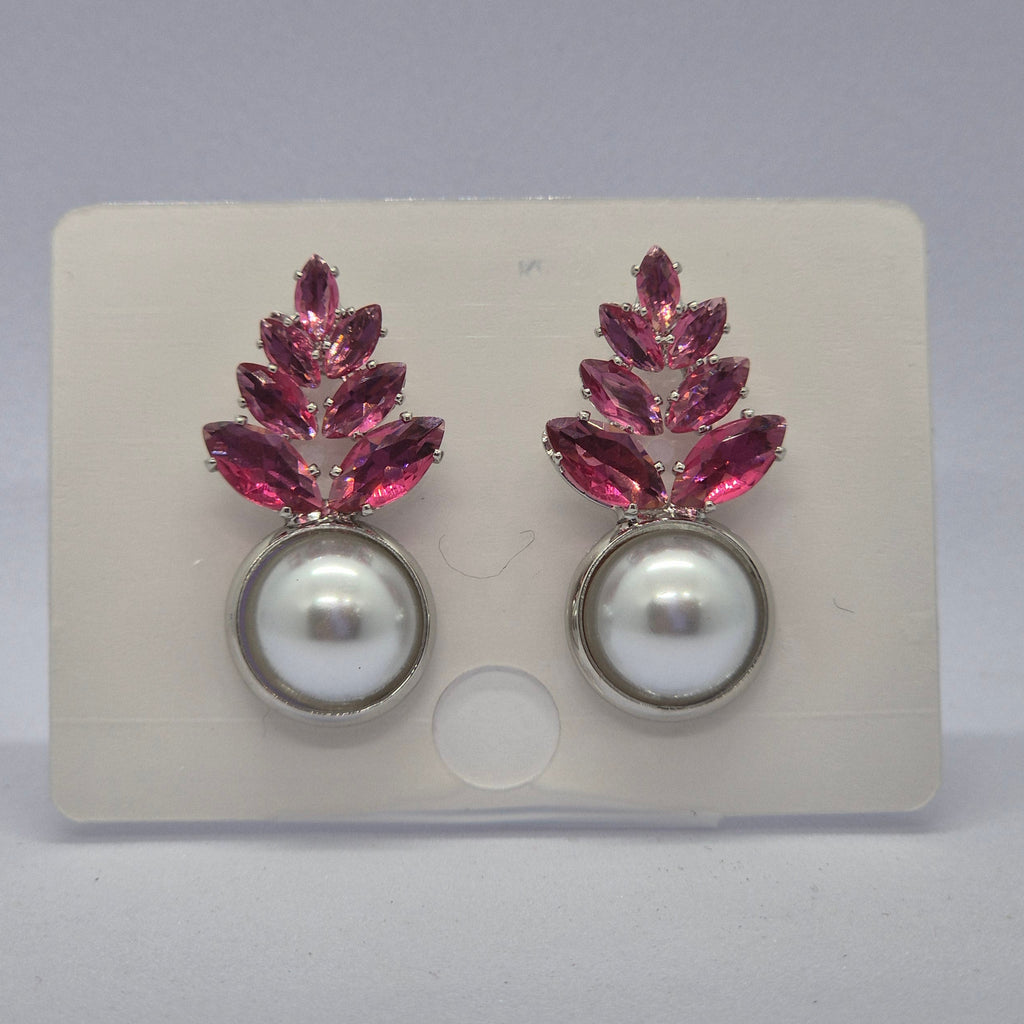 Elegant Pink Crystal Leaf Pearl Drop Earrings for Women