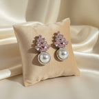 Elegant Pink Crystal Leaf Pearl Drop Earrings for Women