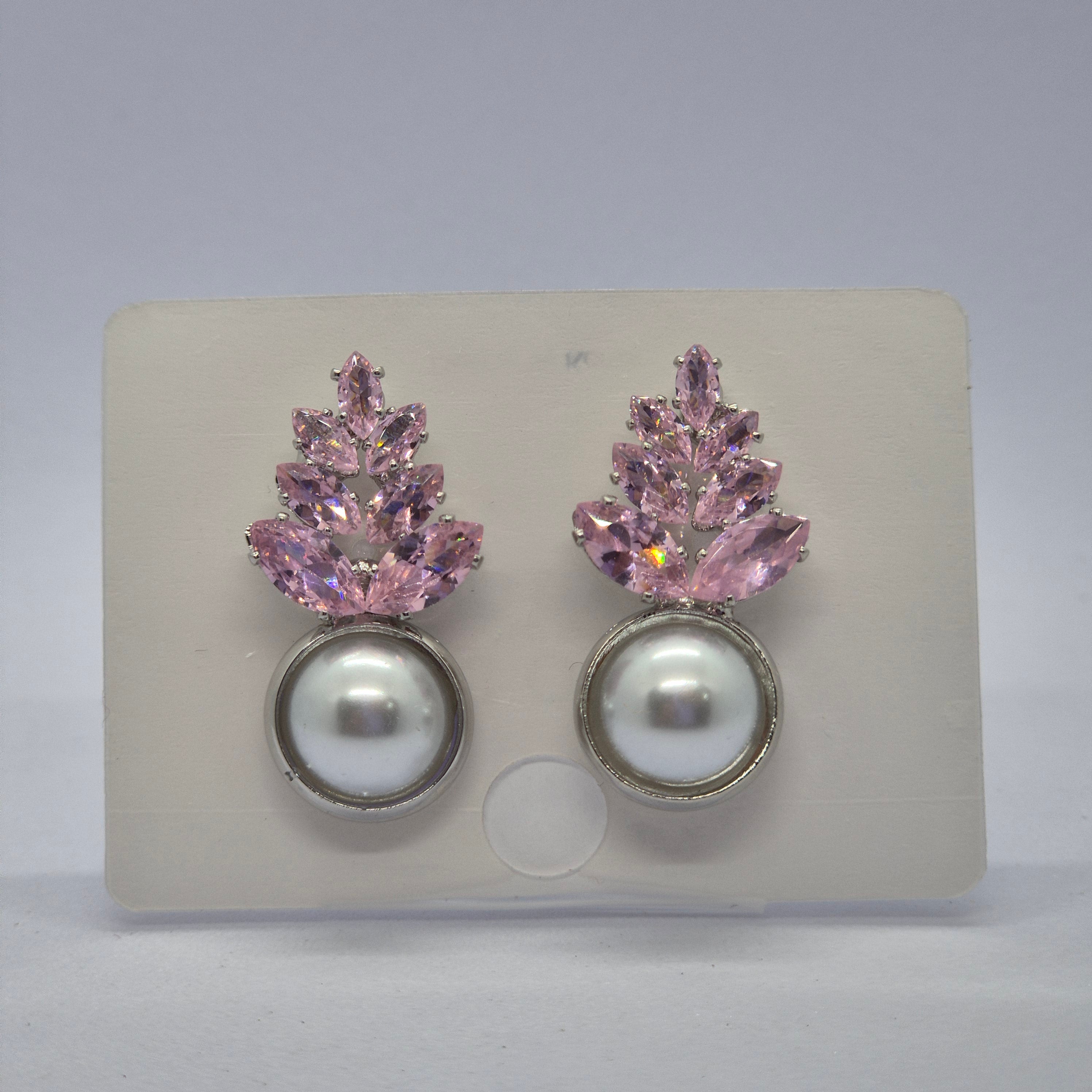 Elegant Pink Crystal Leaf Pearl Drop Earrings for Women