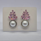 Elegant Pink Crystal Leaf Pearl Drop Earrings for Women