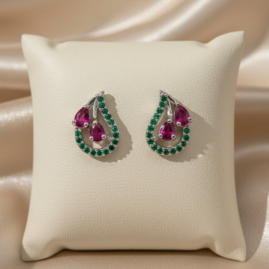 The Ruby Rosebud Swirl Studs, Emerald Vine & Fuchsia Drop Earrings