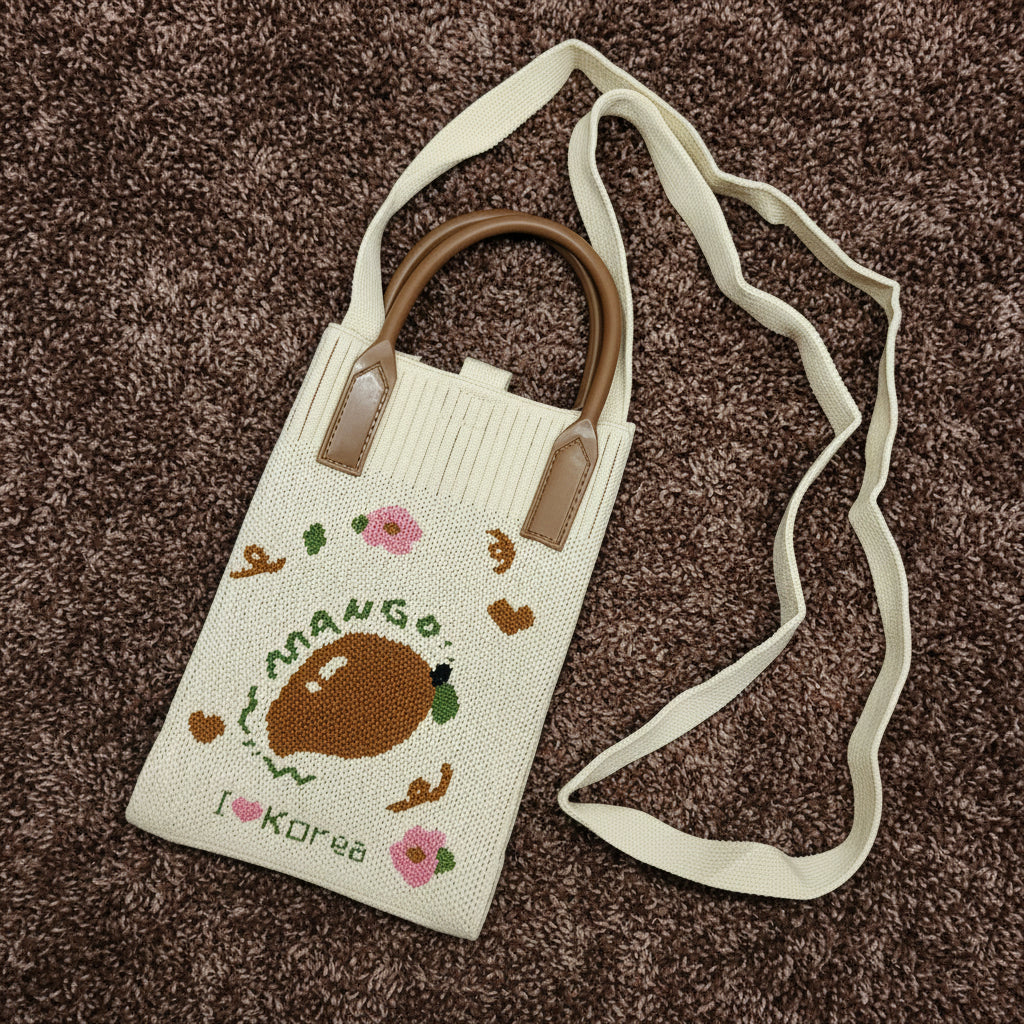 Beige Knit Mobile Sling Bag with Mango Graphic & Floral Print