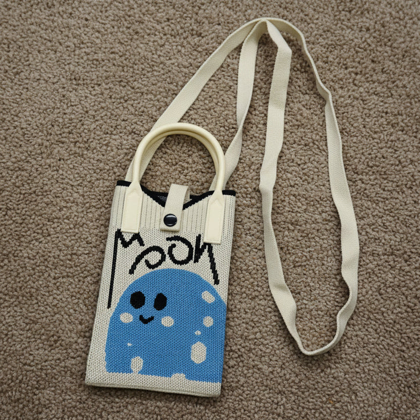 Off-White Canvas Mobile Sling Bag with Blue Moon Character Print