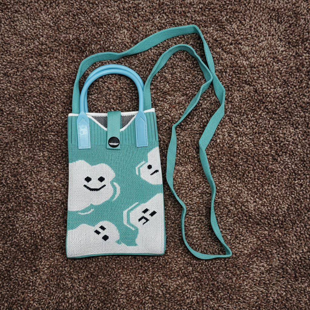 Seafoam Knitted Mini Crossbody Bag with Smiling Ghost Graphic