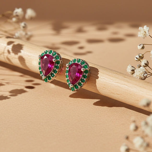 Sparkling Red Gem Silver Stud Earrings for Women