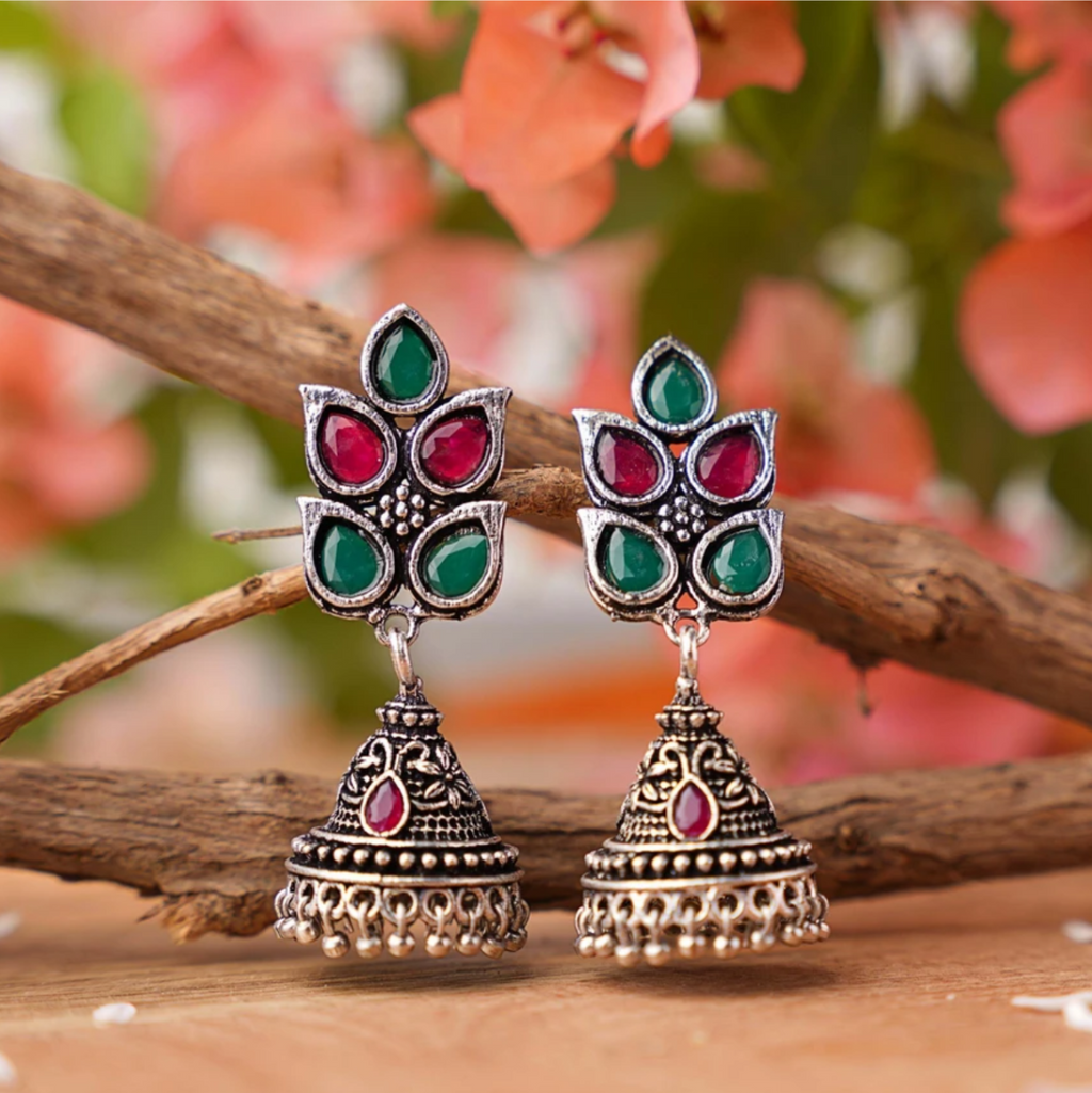 Royal Heritage Floral Peacock Studded Jhumka Earrings