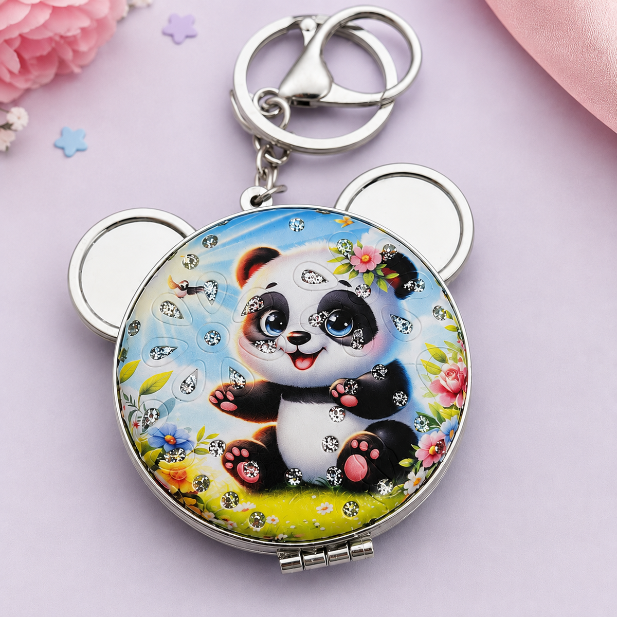 Sparkly Panda Compact Mirror Keychain