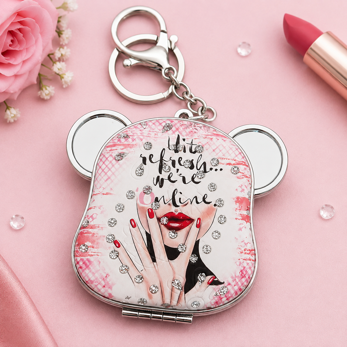 Glamorous Sparkle Compact Mirror Keychain Charm