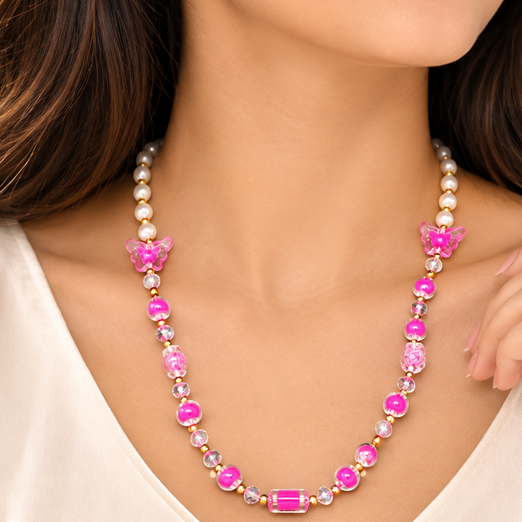 Handmade Pink Butterfly Pearl Charm Necklace