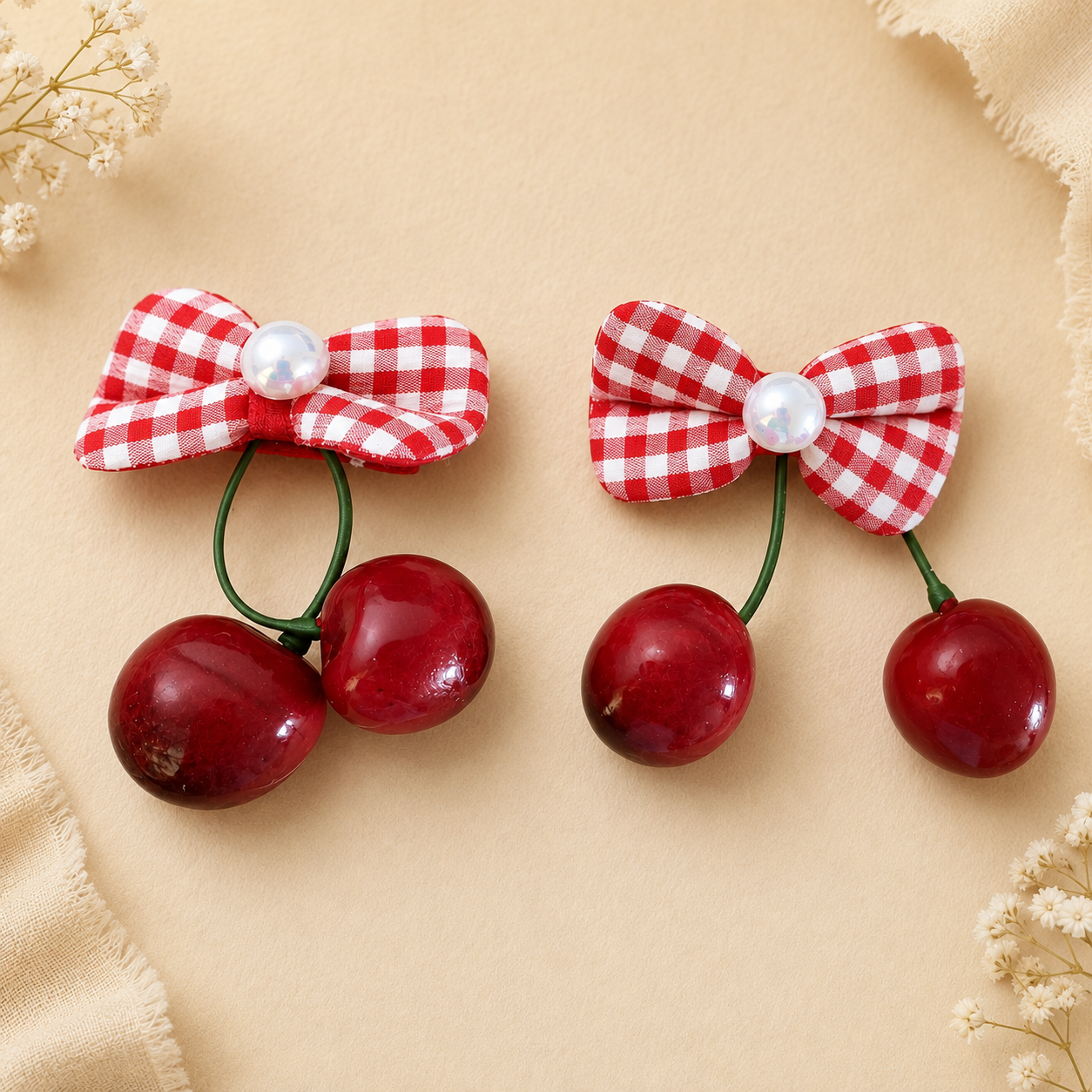 Sweet Cherry Gingham Bow Hair Clips set
