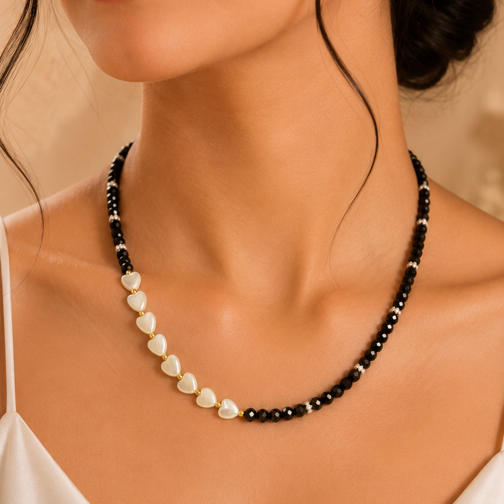 Handmade Pearl Hearts Meet Midnight Crystal Necklace