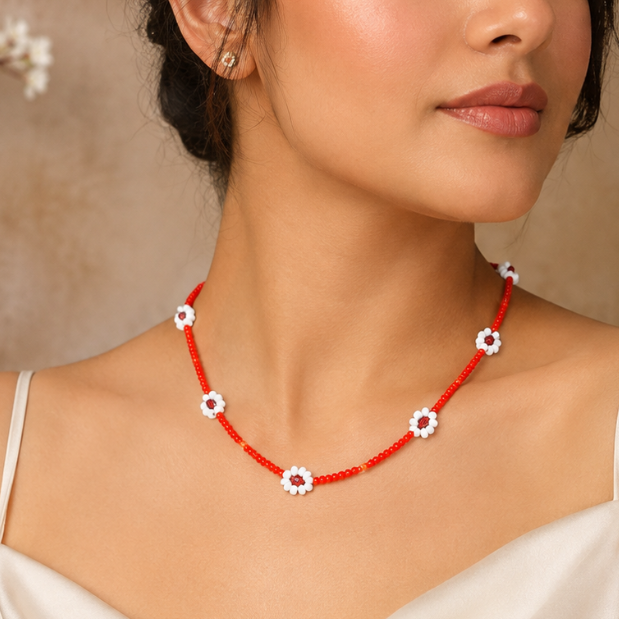 Handmade Red Floral Beaded Necklace