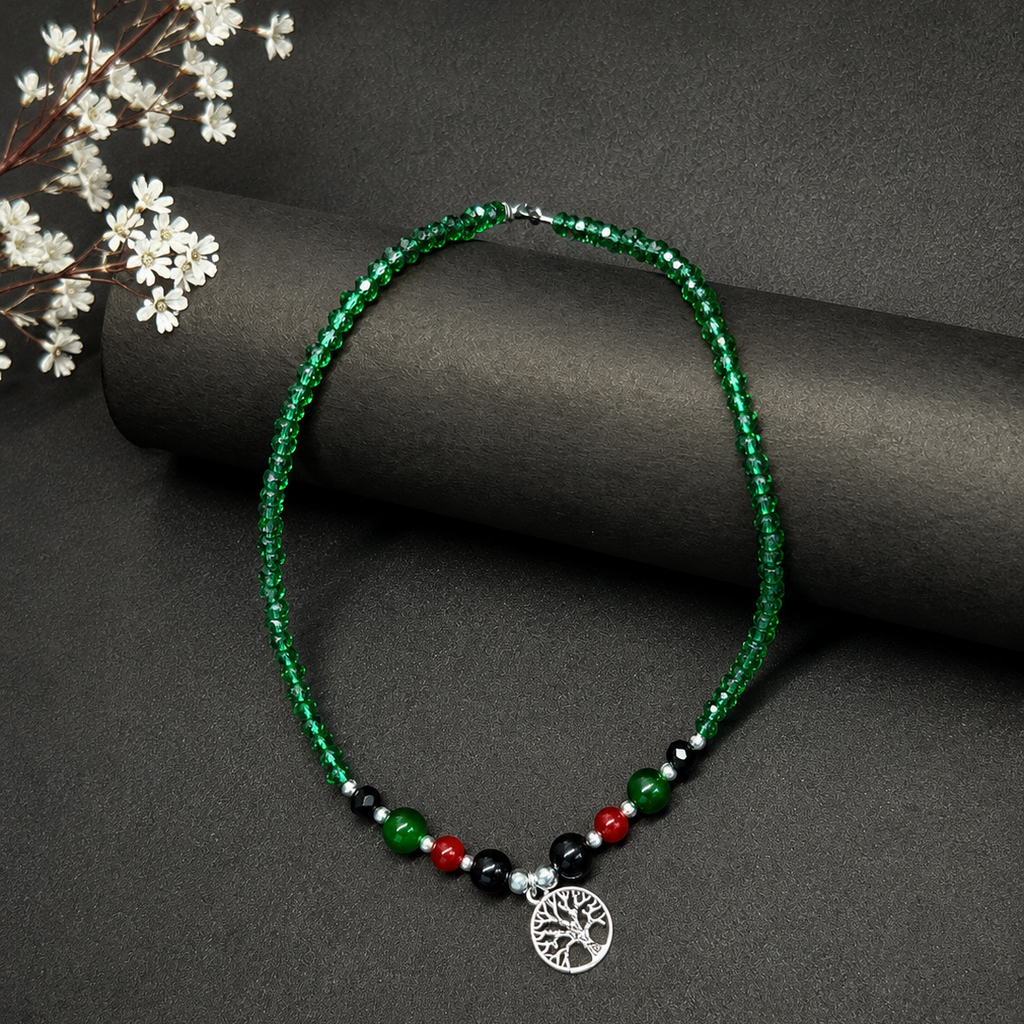 Handmade Green Beaded Tree of Life Pendant Necklace