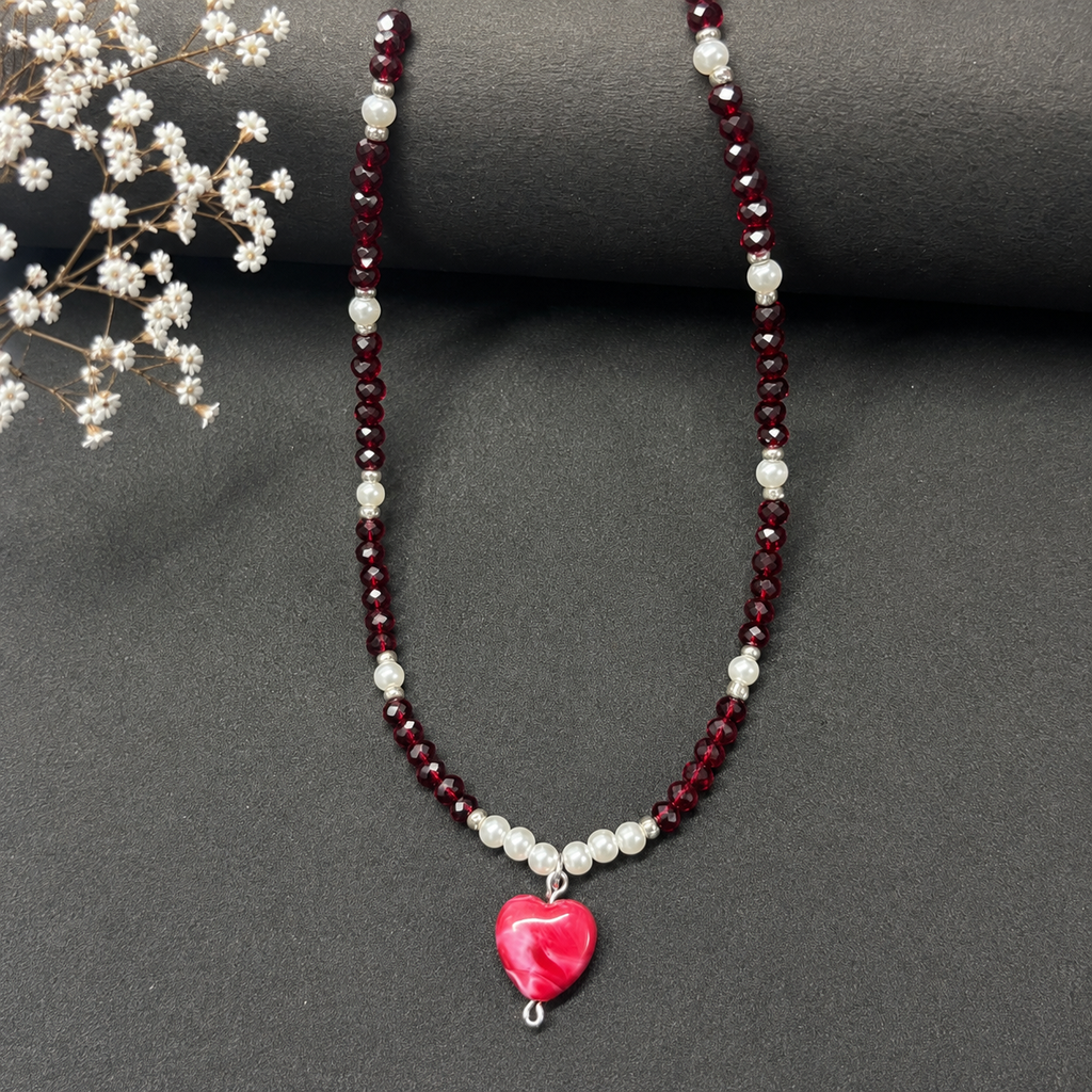 Handmade Maroon Heart Pendant Beaded Necklace