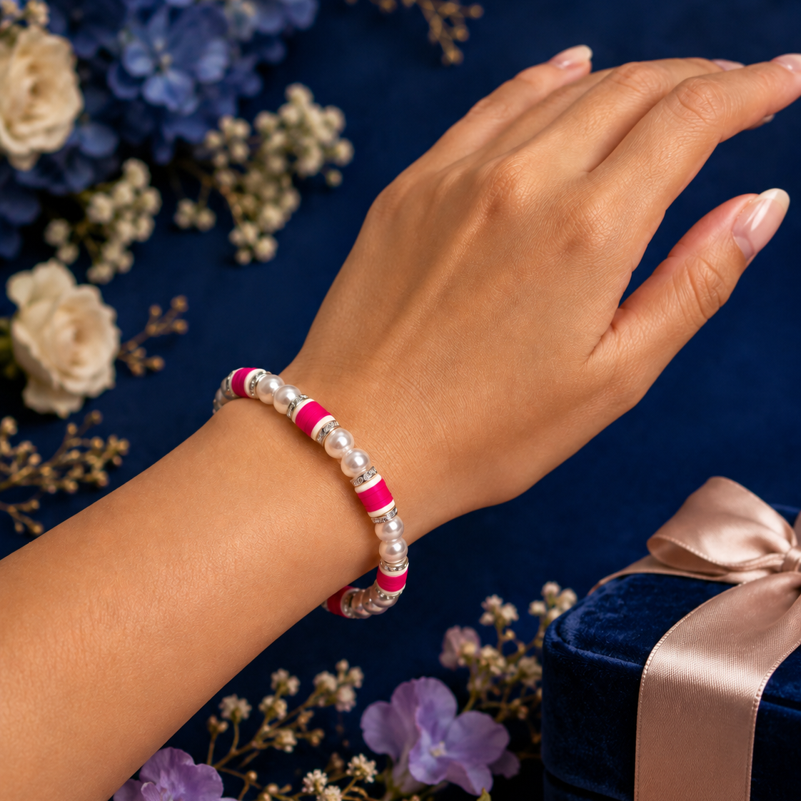 Handmade Pink & White Pearl Beaded Stretch Bracelet