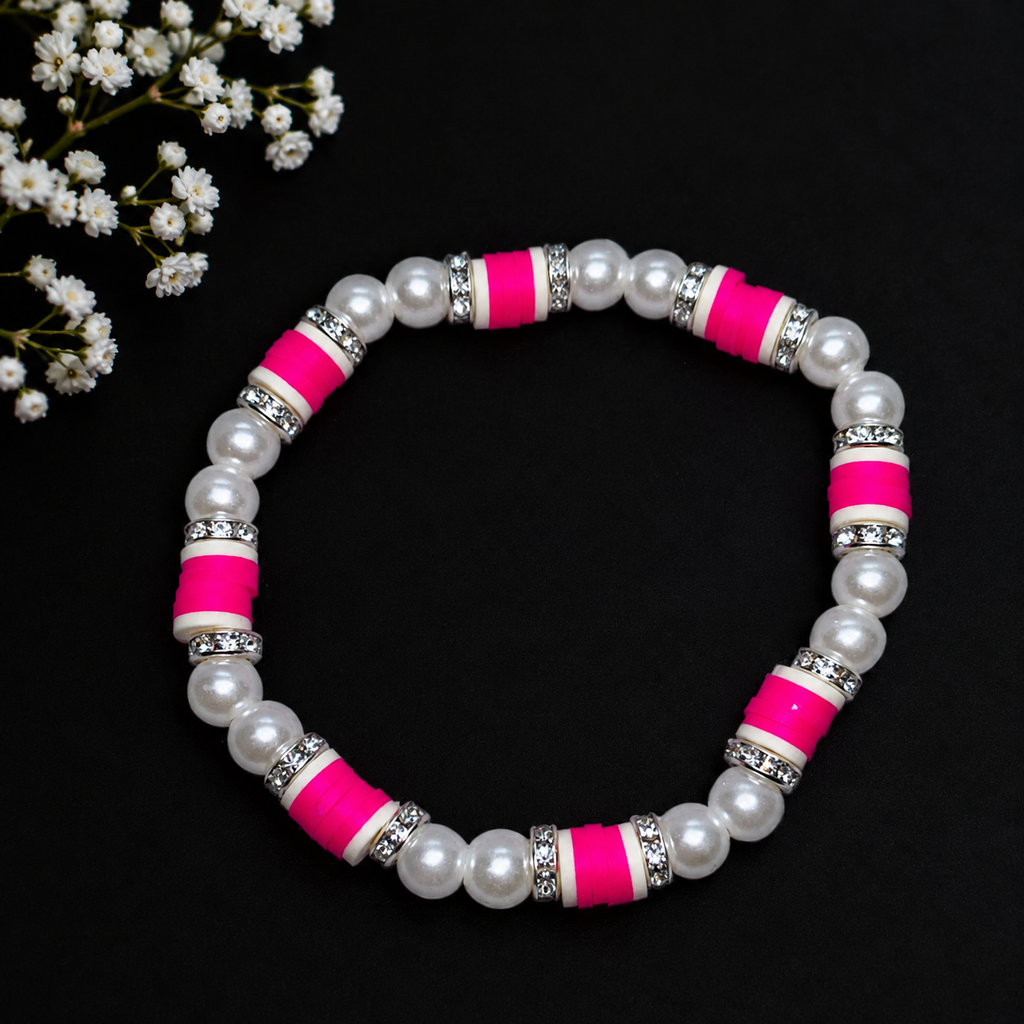 Handmade Pink & White Pearl Beaded Stretch Bracelet