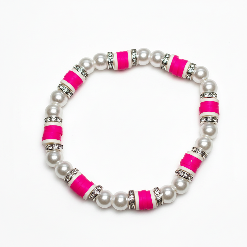 Handmade Pink & White Pearl Beaded Stretch Bracelet