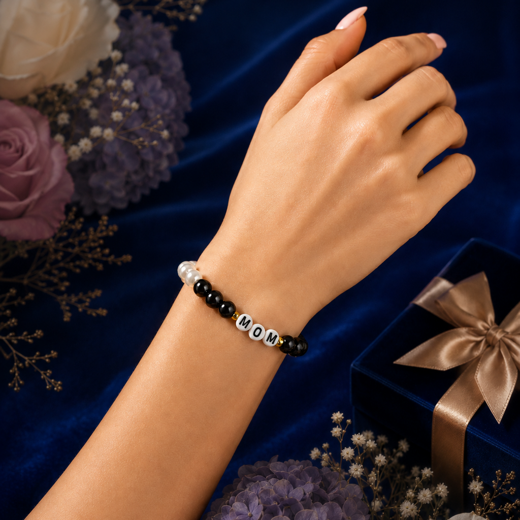 Handmade Black and White MOM Beaded Bracelet