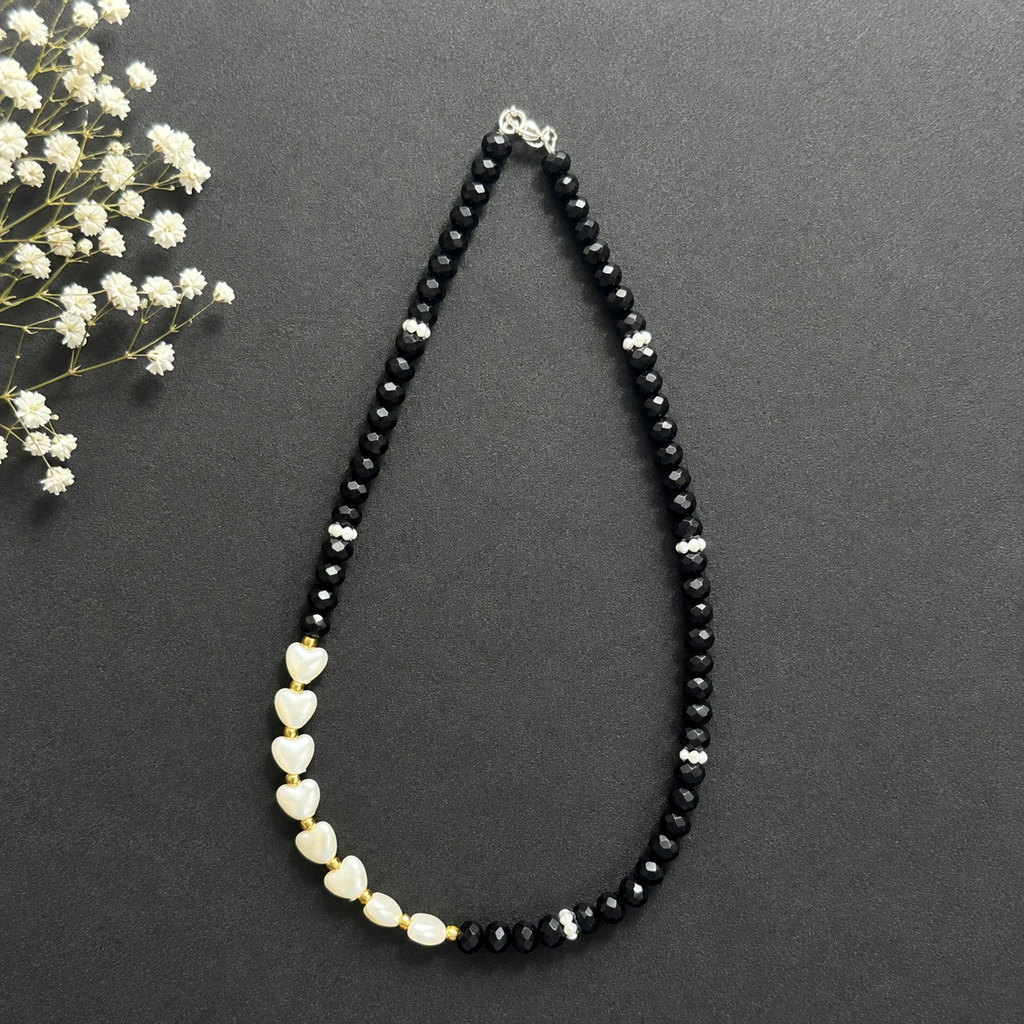 Handmade Pearl Hearts Meet Midnight Crystal Necklace