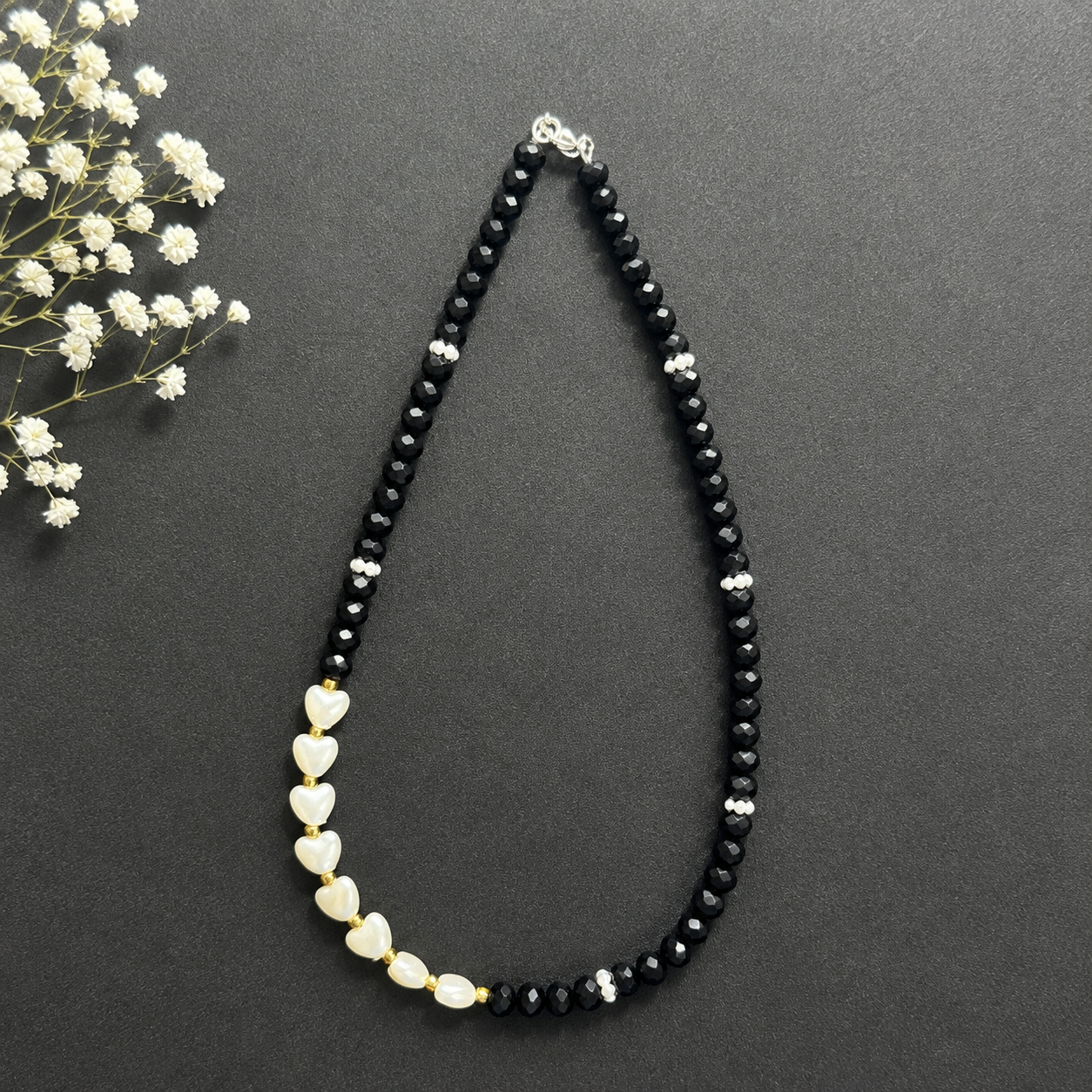 Handmade Pearl Hearts Meet Midnight Crystal Necklace