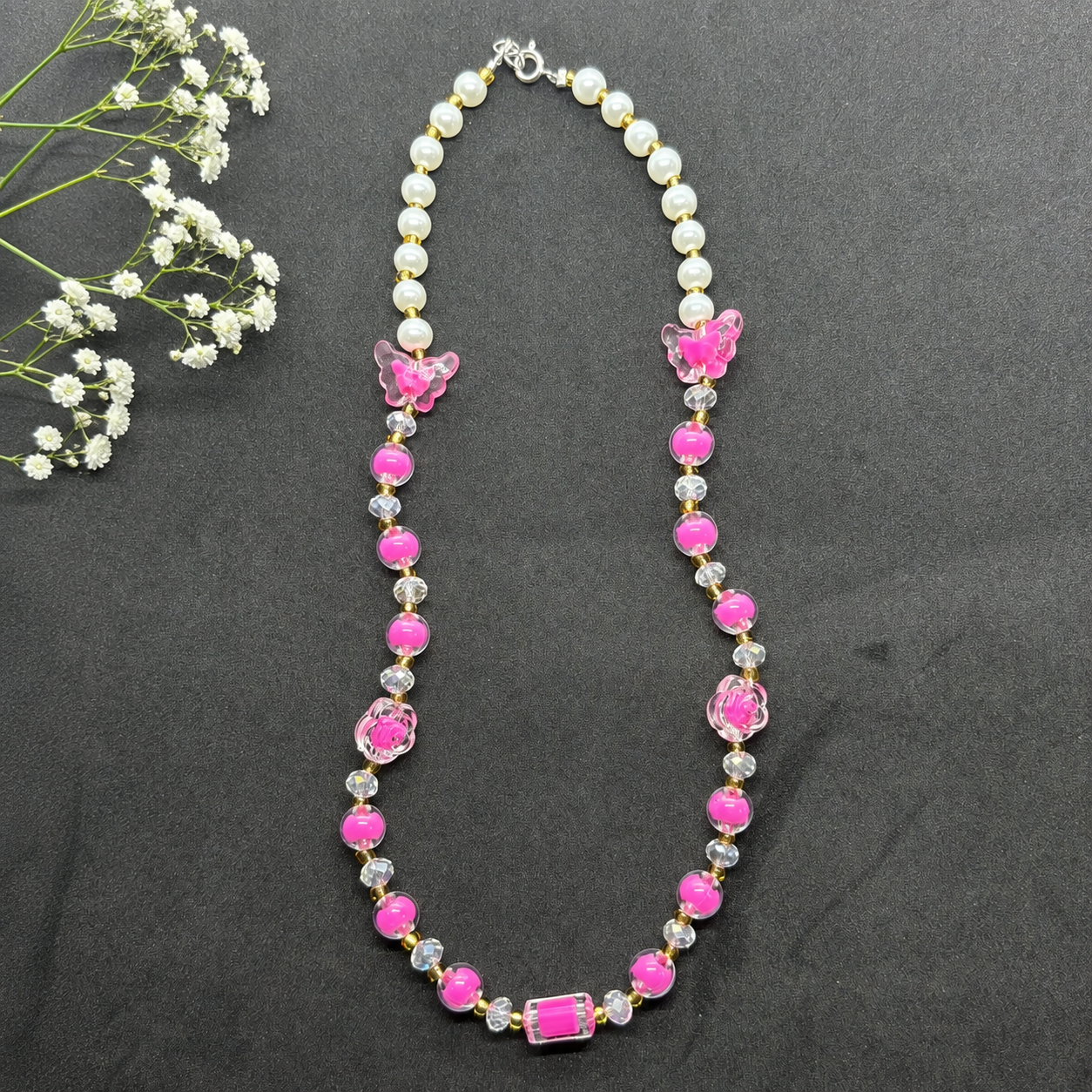 Handmade Pink Butterfly Pearl Charm Necklace
