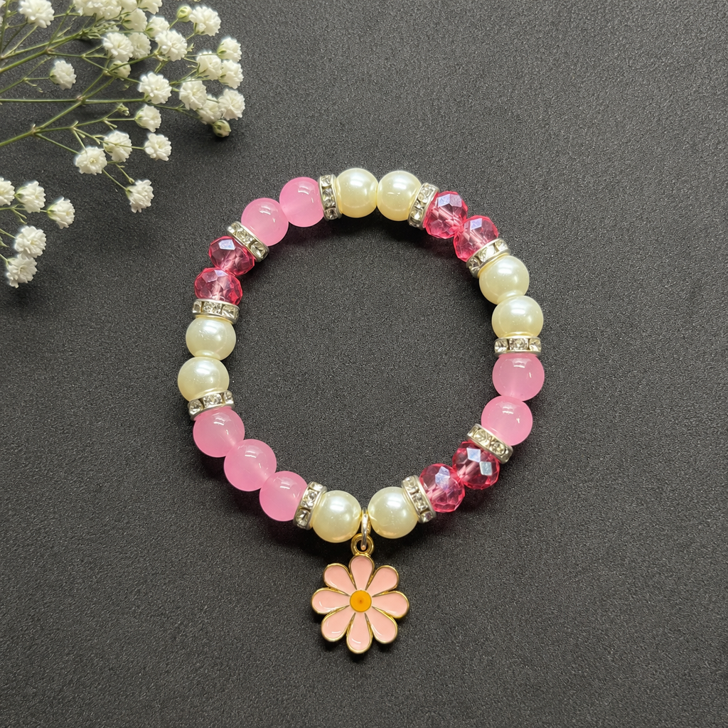 Handmade Rosy Pearl Floral Charm Beaded Bracelet