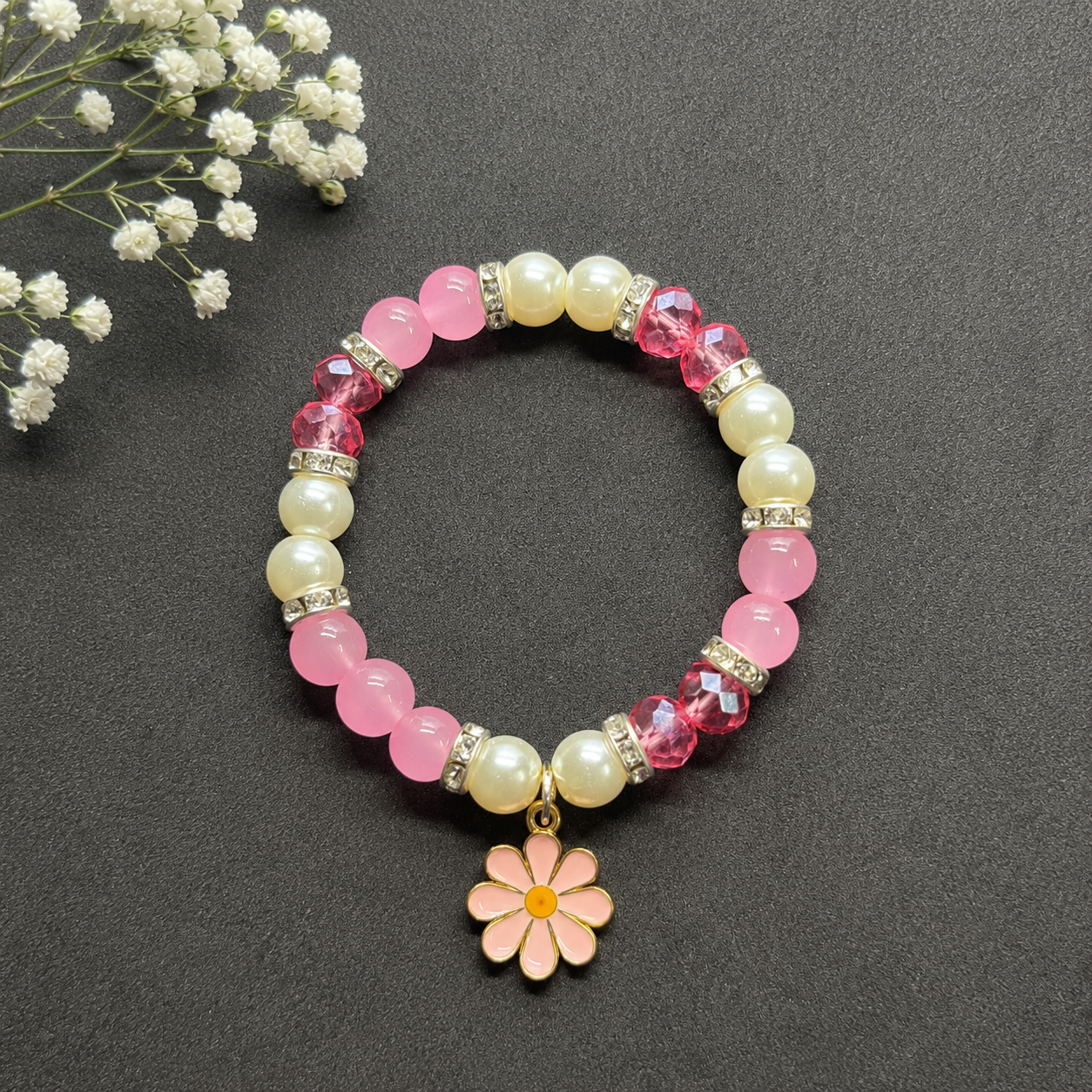 Handmade Rosy Pearl Floral Charm Beaded Bracelet