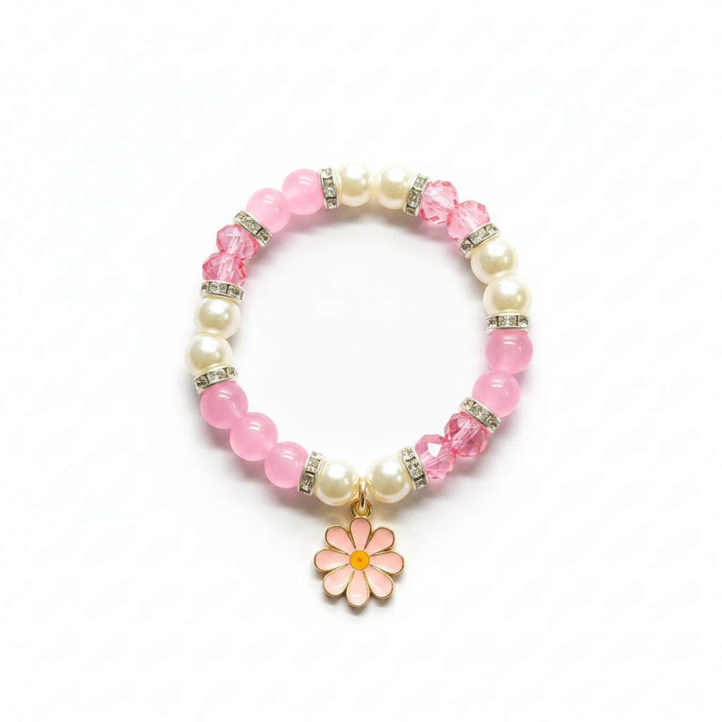 Handmade Rosy Pearl Floral Charm Beaded Bracelet