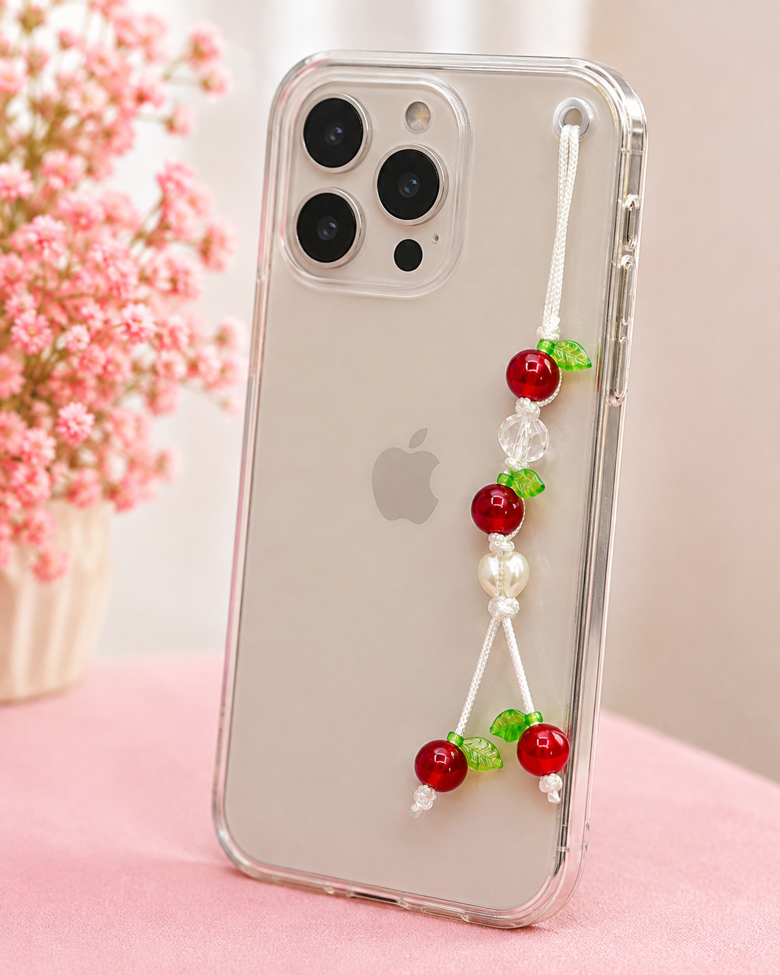 Cherry Blossom Beaded Phone Charm Accessory