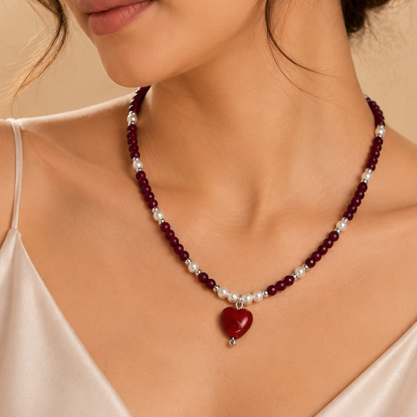 Handmade Maroon Heart Pendant Beaded Necklace
