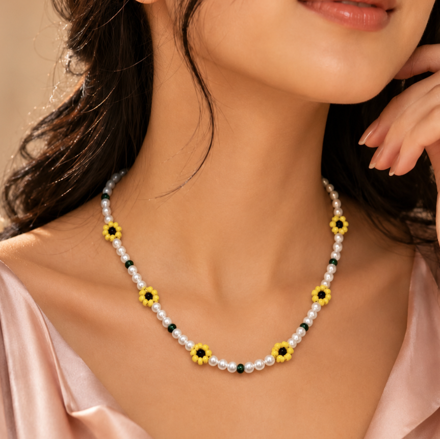 Handmade Sunflower Pearl Bloom Necklace