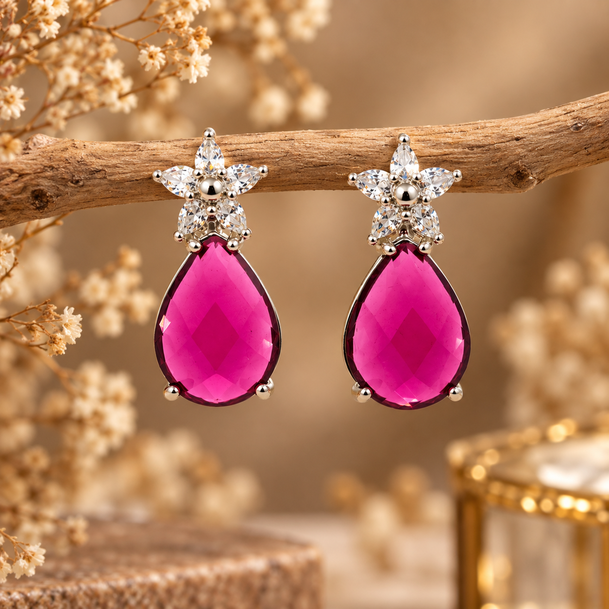Crystal Teardrop Floral Statement Earrings