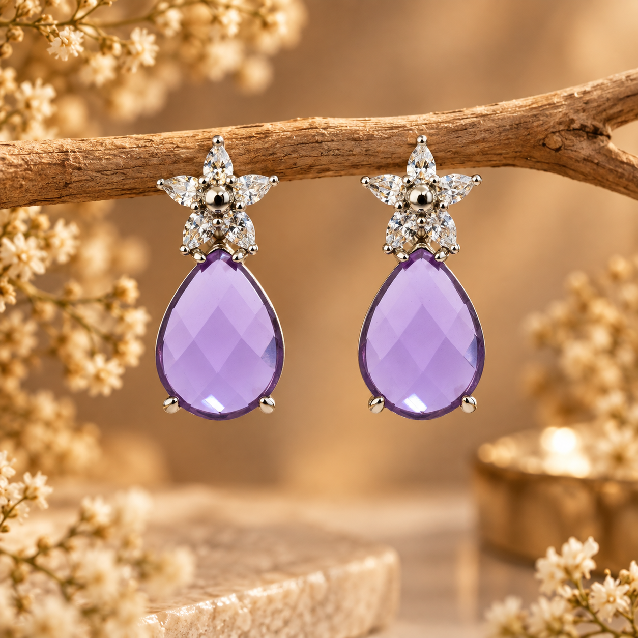 Crystal Teardrop Floral Statement Earrings