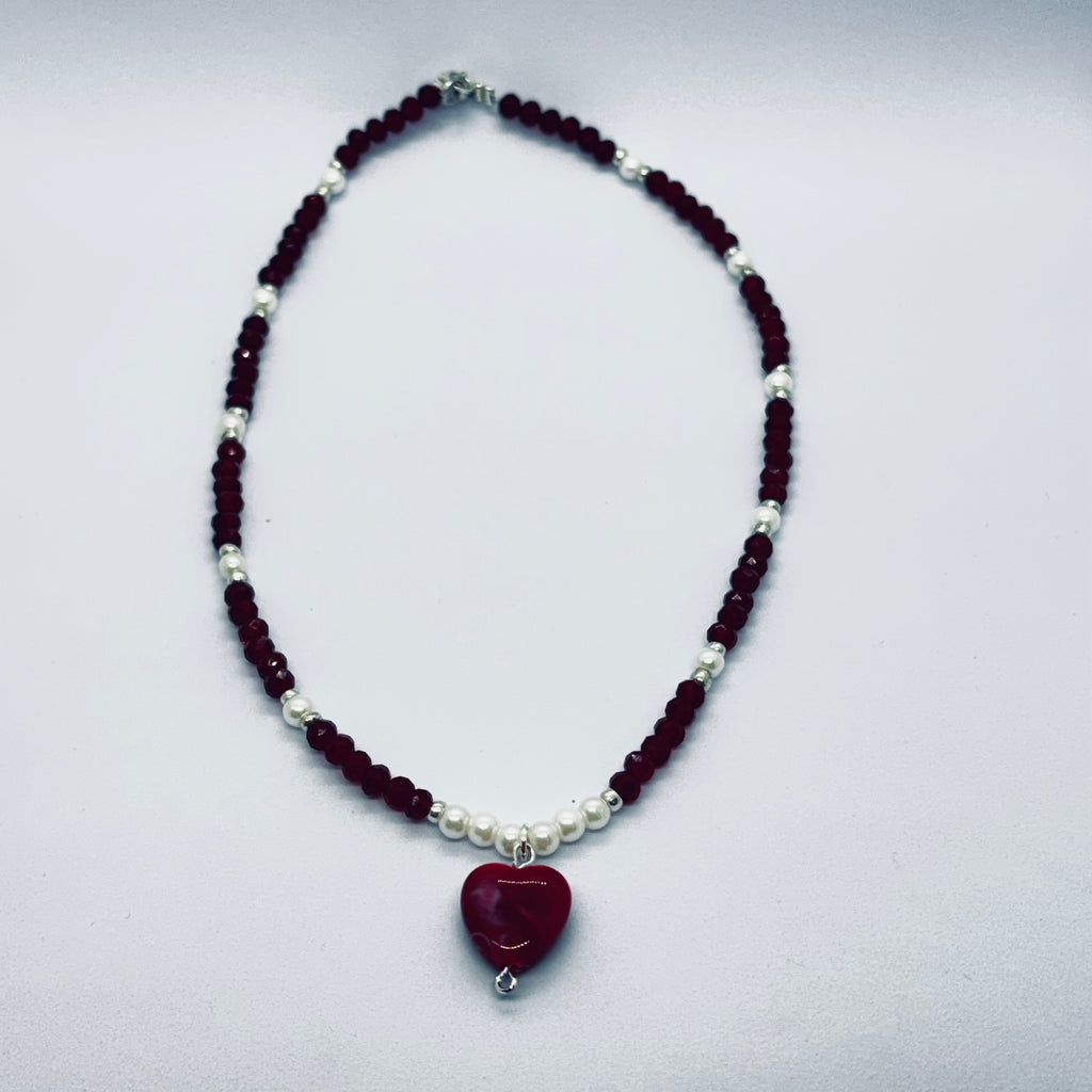 Handmade Burgundy Heart Pendant Beaded Necklace