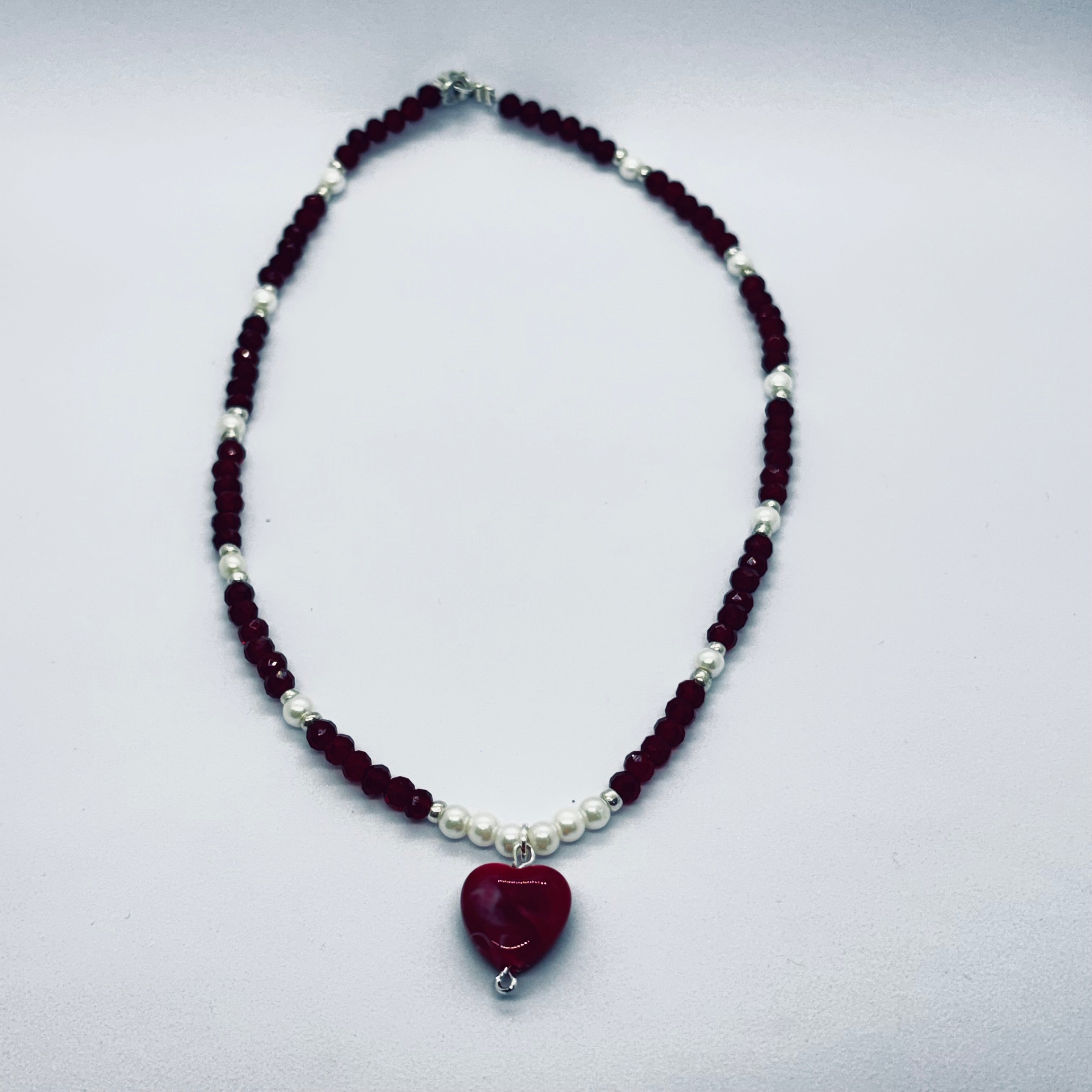 Handmade Burgundy Heart Pendant Beaded Necklace
