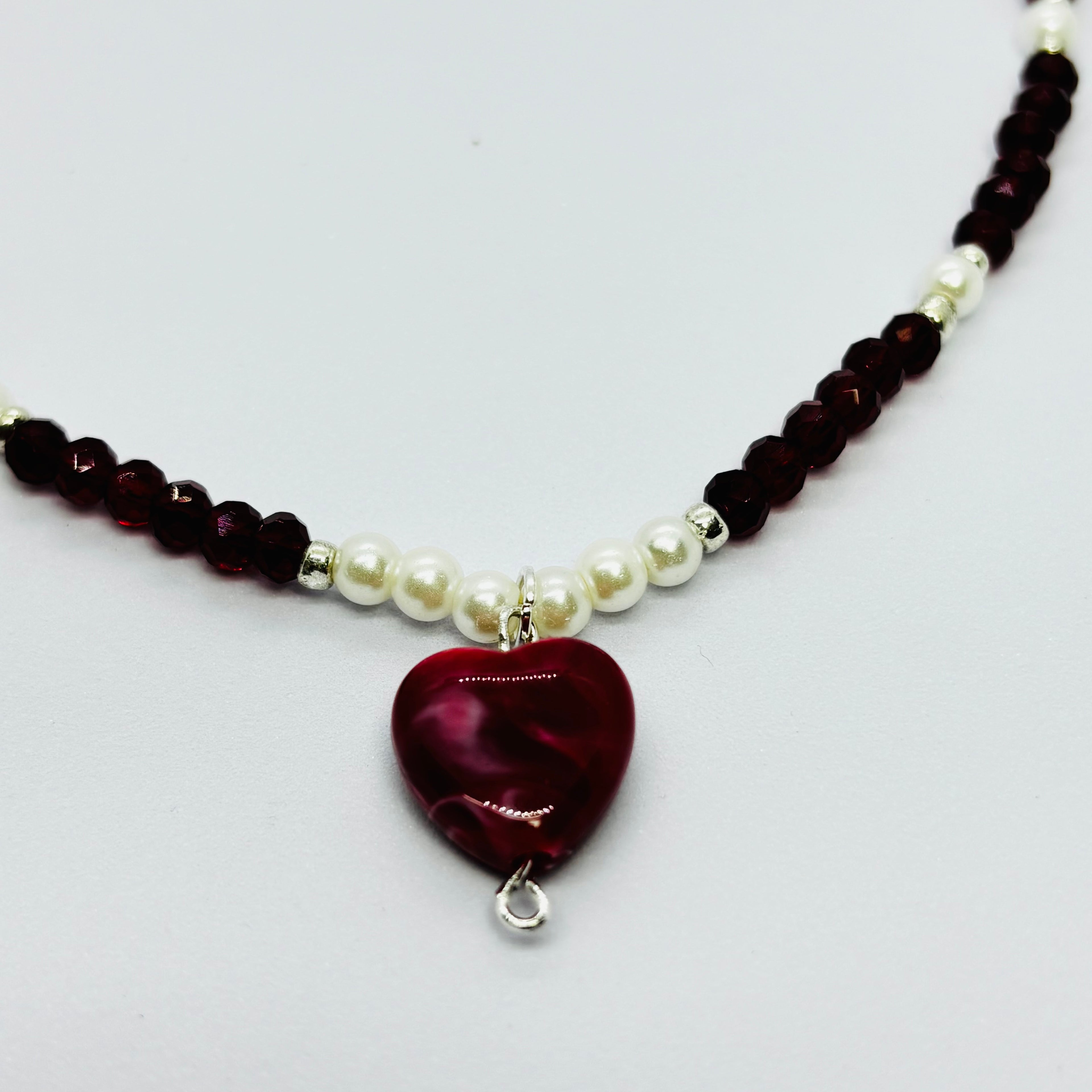 Handmade Burgundy Heart Pendant Beaded Necklace