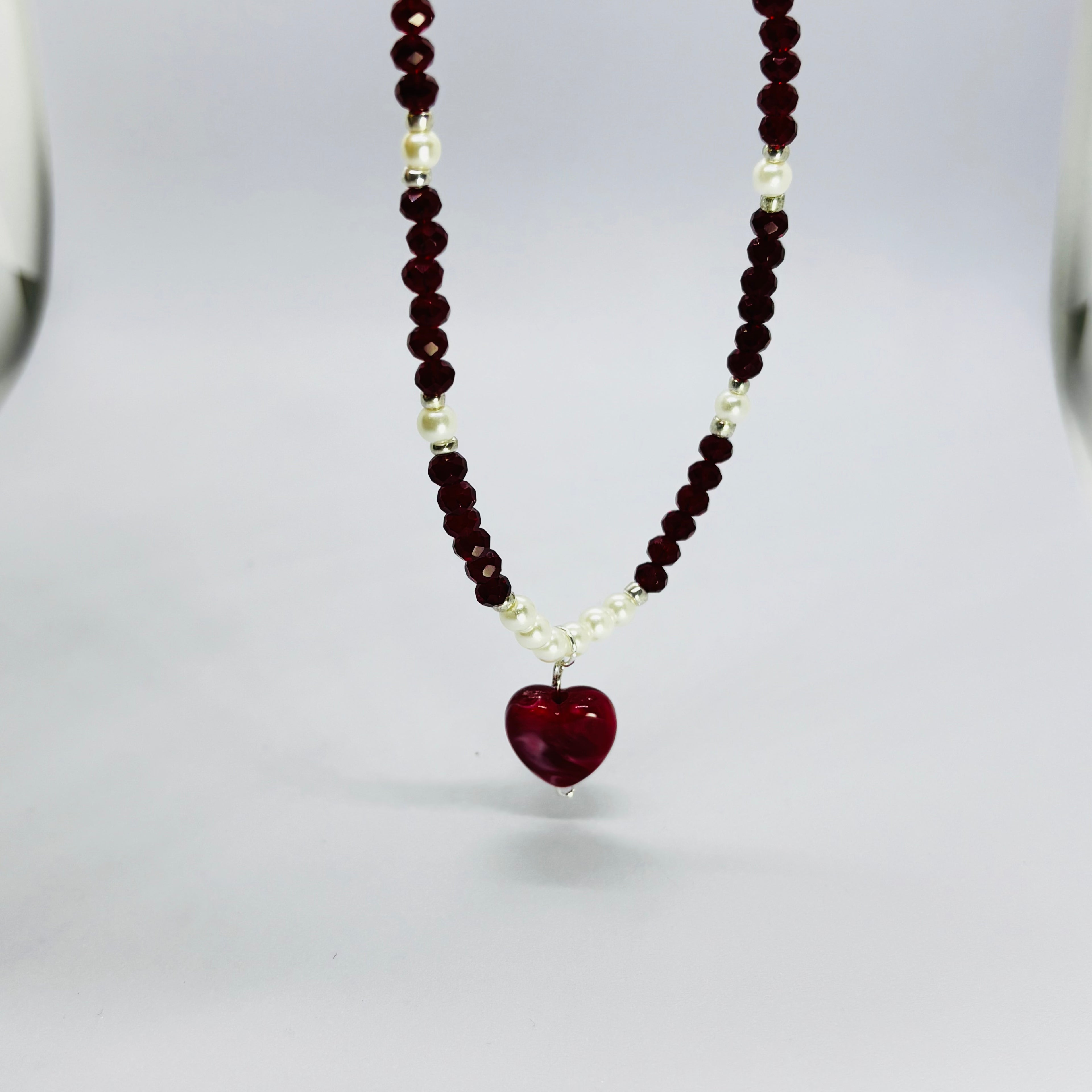 Handmade Burgundy Heart Pendant Beaded Necklace