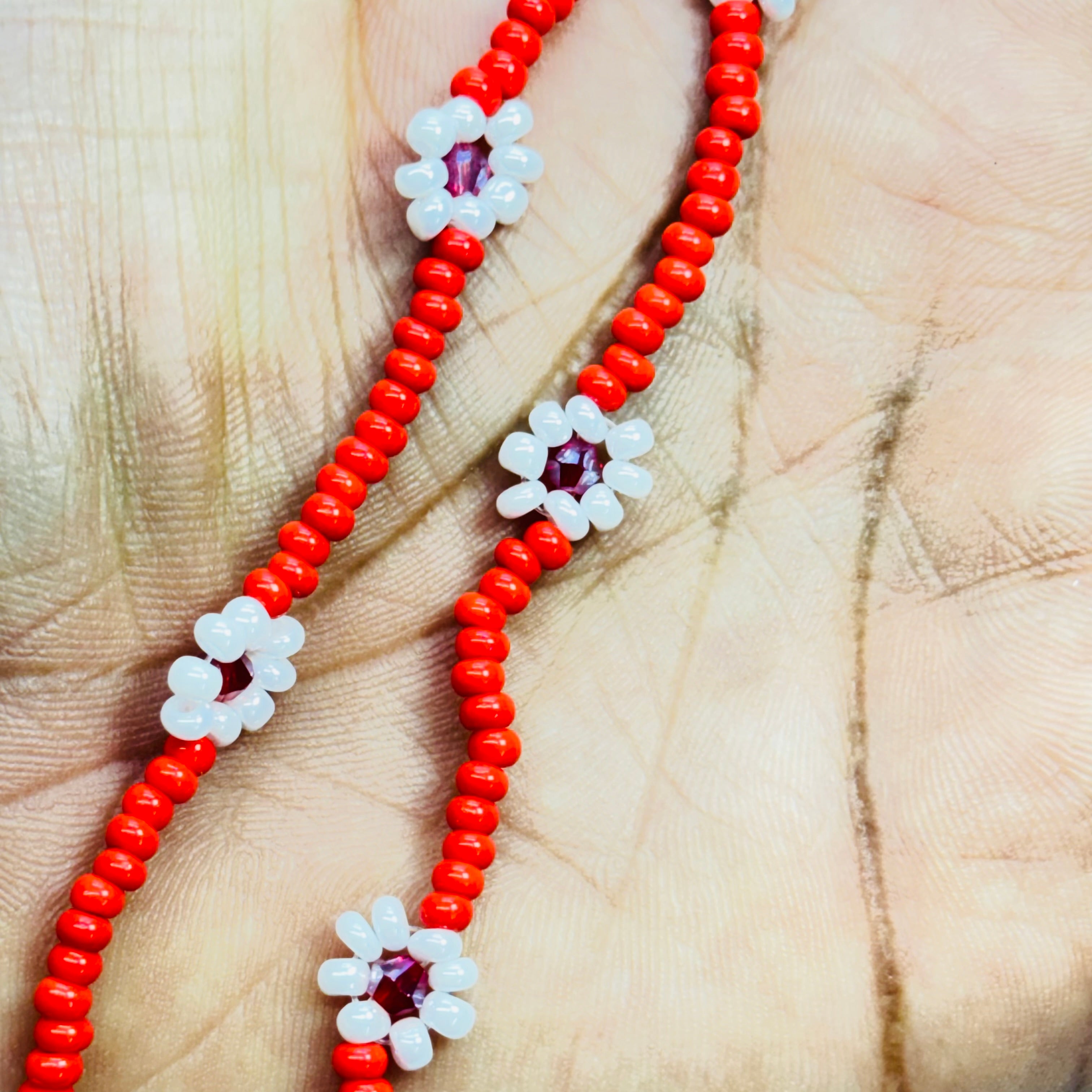Handmade Red Floral Beaded Necklace