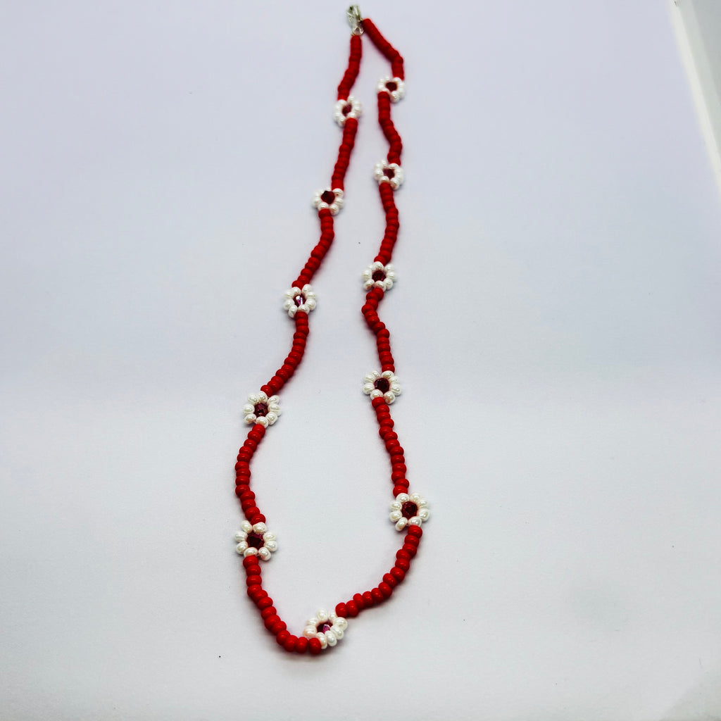 Handmade Red Floral Beaded Necklace